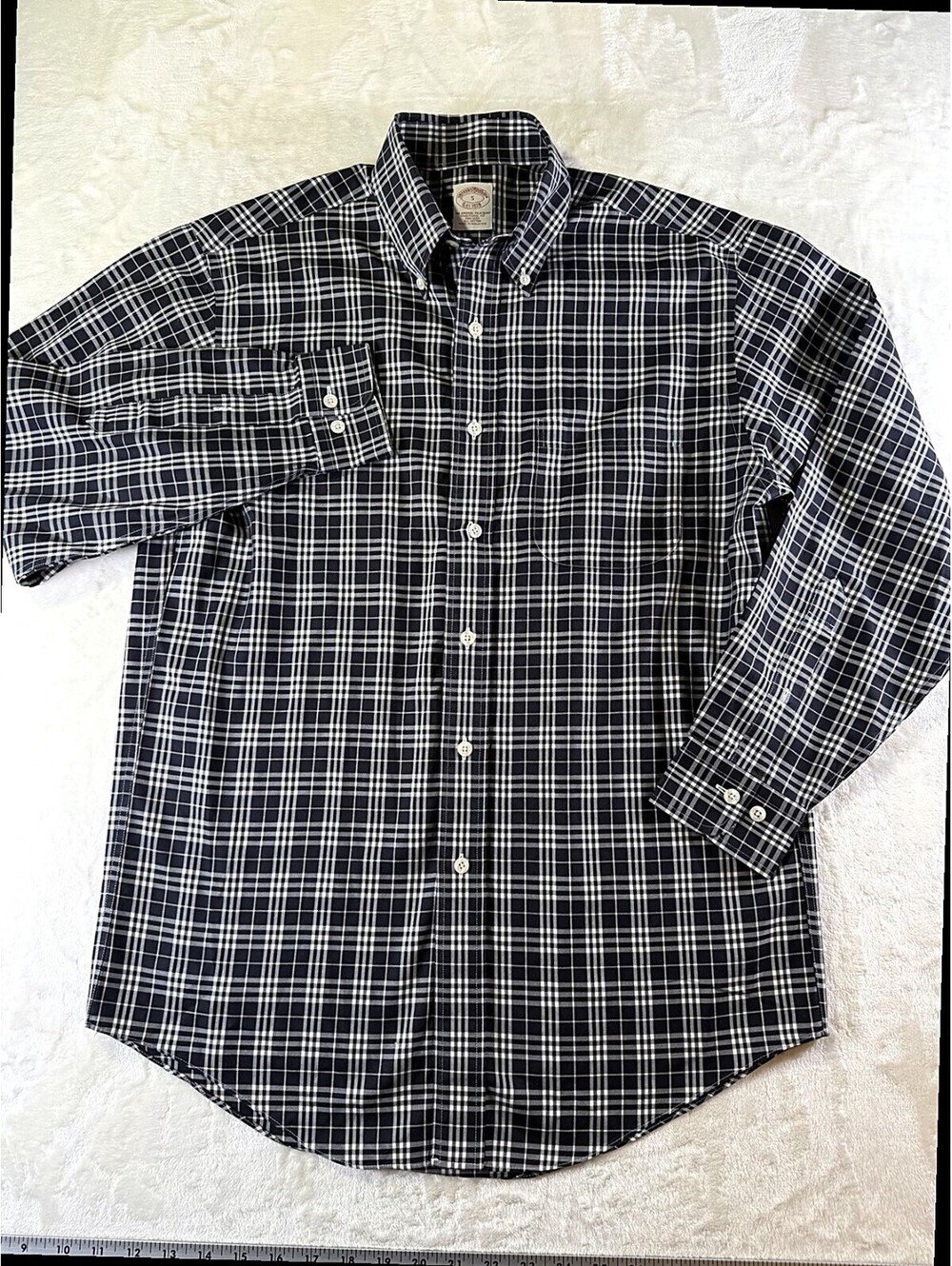 Brooks Brothers Mens S Black White Plaid Dress Shirt Non-Iron Cotton